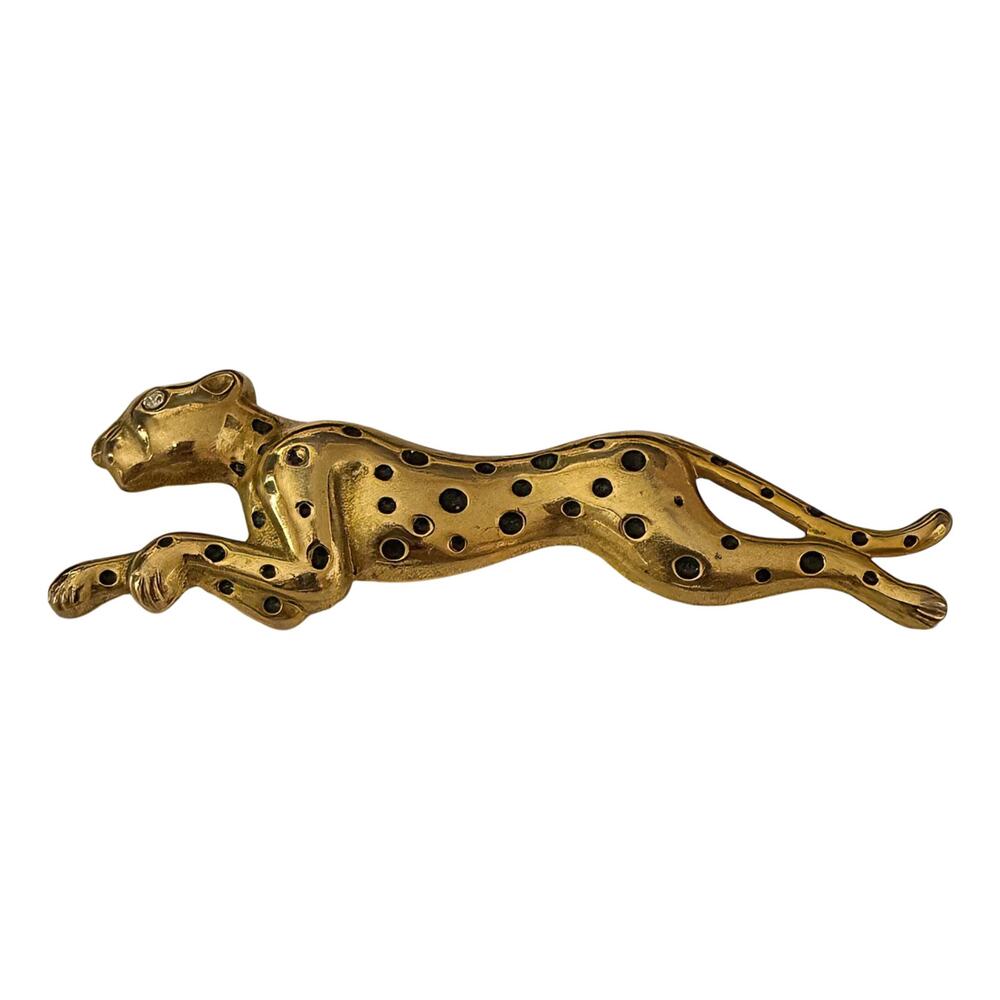 Vintage 80s Gold Tone Leopard Brooch Clear Rhinestone Eye Cheetah Pin